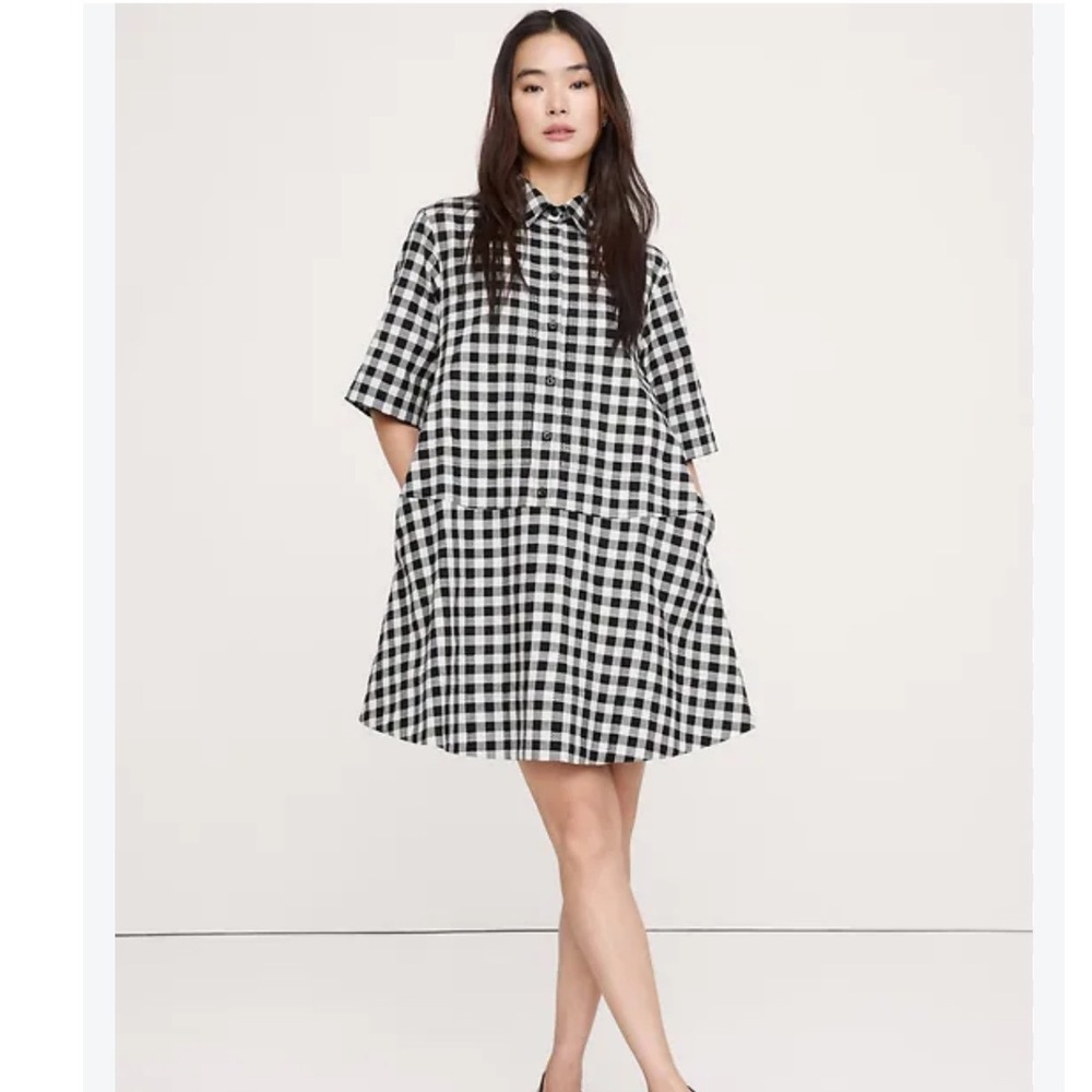 Banana Republic Black White Gingham Cotton Poplin Trapeze Mini Shirt Dress M
